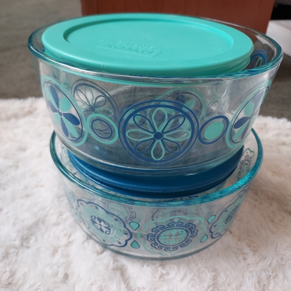 Pyrex Simply Store Decorated Glass Storage Containers 6 pcs Bowl Set MCM Retro - Picture 4 of 9